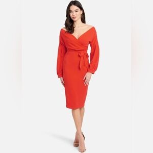 Bebe Off Shoulder Puff Sleeve Pencil Dress in Red Alert Size S NWT